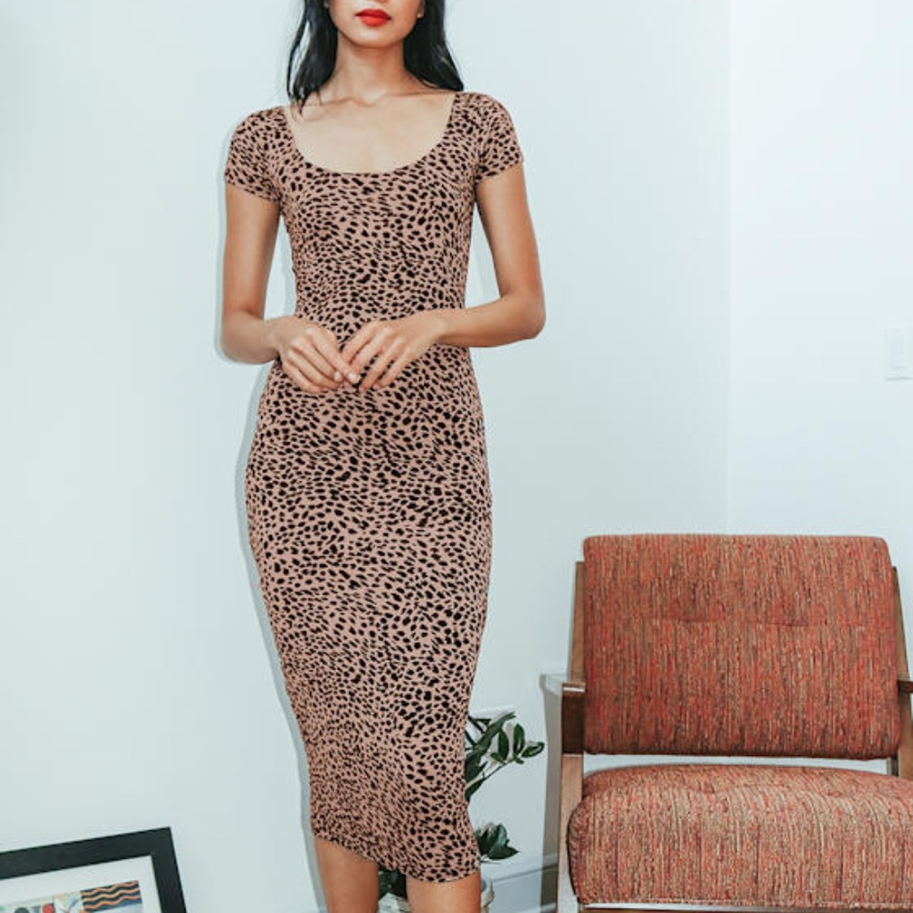Mid Day Beige Animal Print Bodycon Midi Dress, Billabong size large